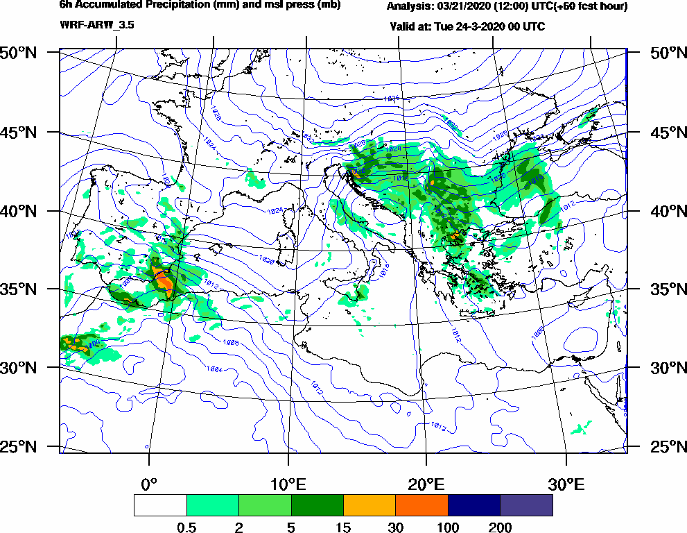 6h Accumulated Precipitation (mm) and msl press (mb) - 2020-03-23 18:00