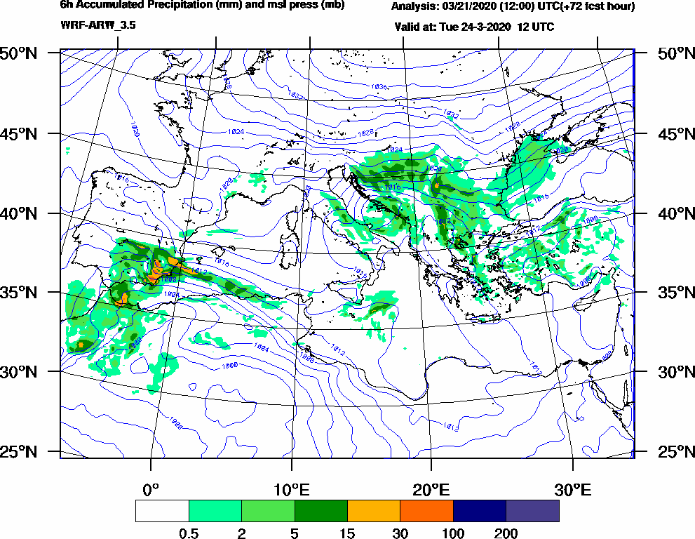 6h Accumulated Precipitation (mm) and msl press (mb) - 2020-03-24 06:00