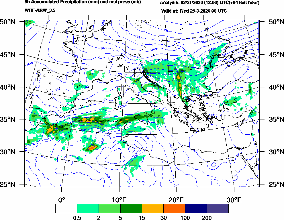 6h Accumulated Precipitation (mm) and msl press (mb) - 2020-03-24 18:00