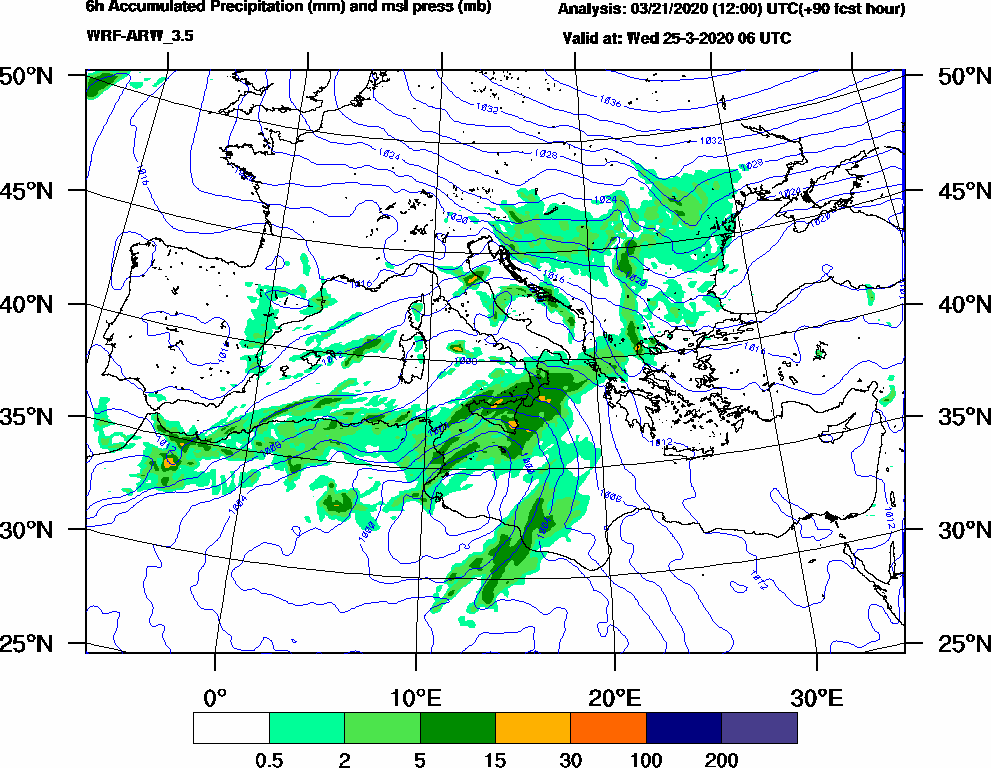 6h Accumulated Precipitation (mm) and msl press (mb) - 2020-03-25 00:00