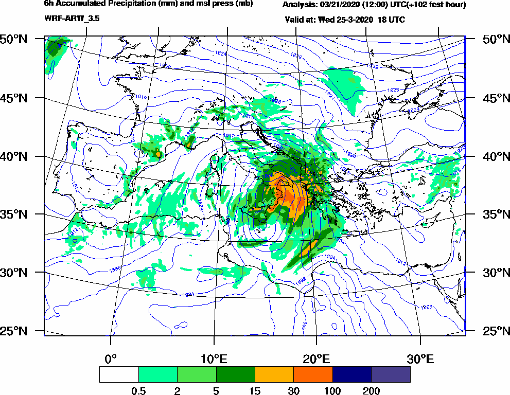 6h Accumulated Precipitation (mm) and msl press (mb) - 2020-03-25 12:00