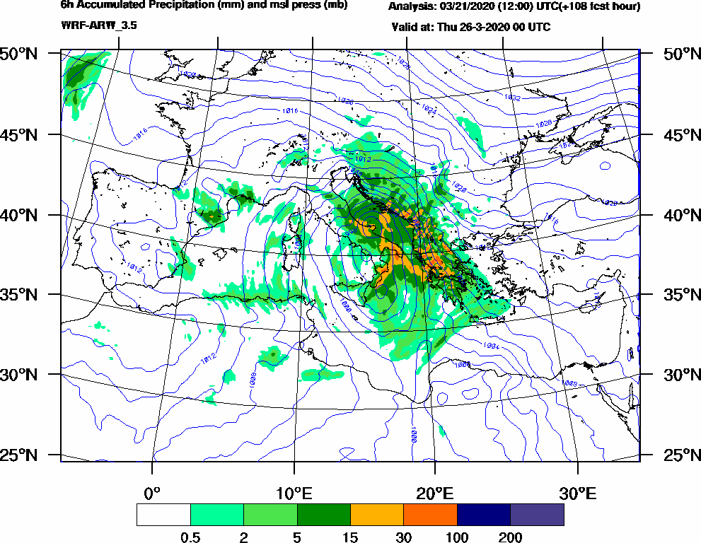 6h Accumulated Precipitation (mm) and msl press (mb) - 2020-03-25 18:00