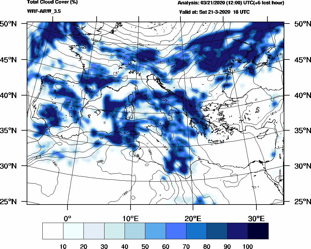 Total cloud cover (%) - 2020-03-21 12:00