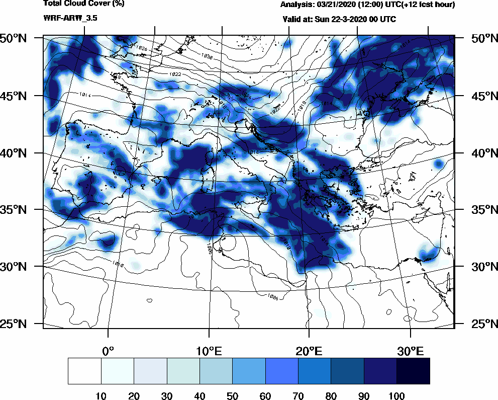 Total cloud cover (%) - 2020-03-21 18:00