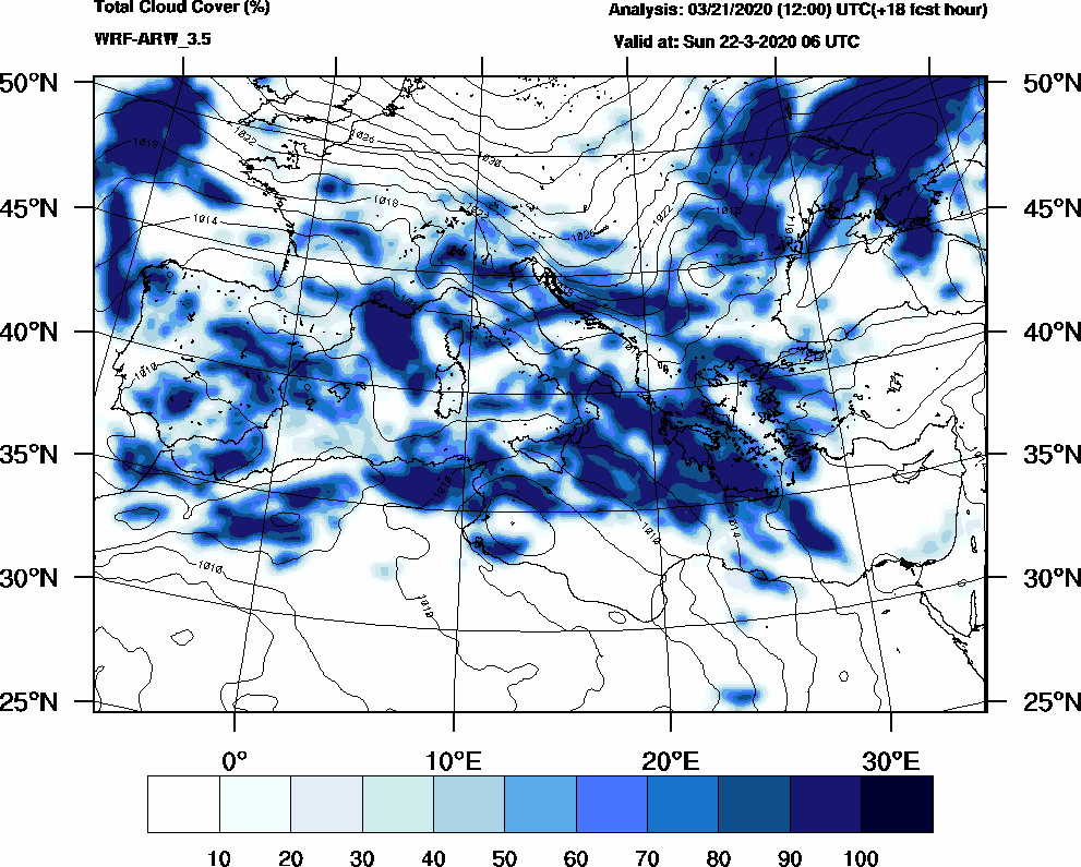 Total cloud cover (%) - 2020-03-22 00:00