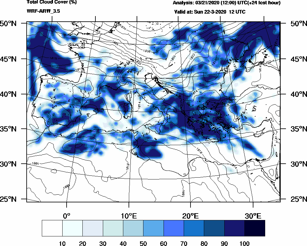 Total cloud cover (%) - 2020-03-22 06:00