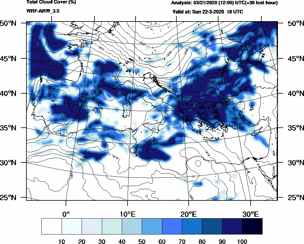 Total cloud cover (%) - 2020-03-22 12:00