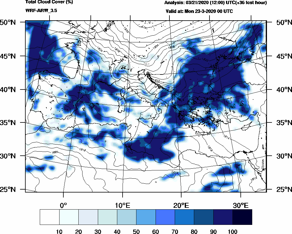 Total cloud cover (%) - 2020-03-22 18:00