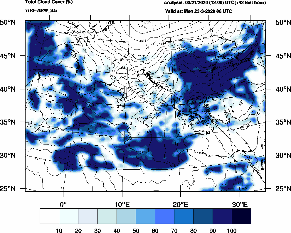 Total cloud cover (%) - 2020-03-23 00:00