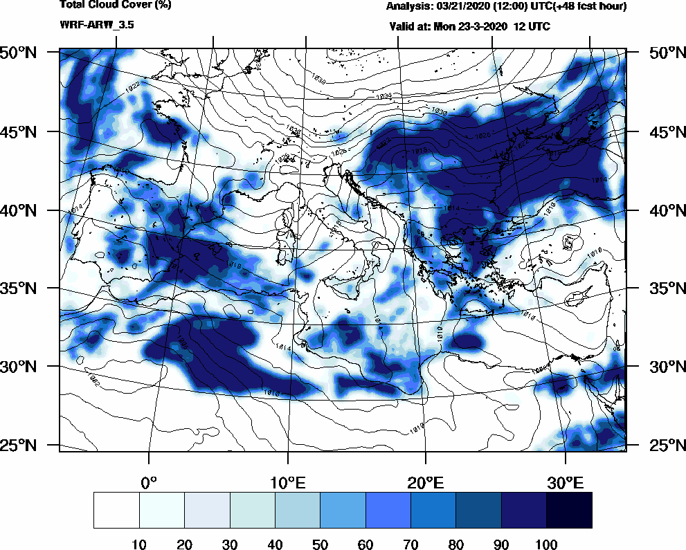 Total cloud cover (%) - 2020-03-23 06:00