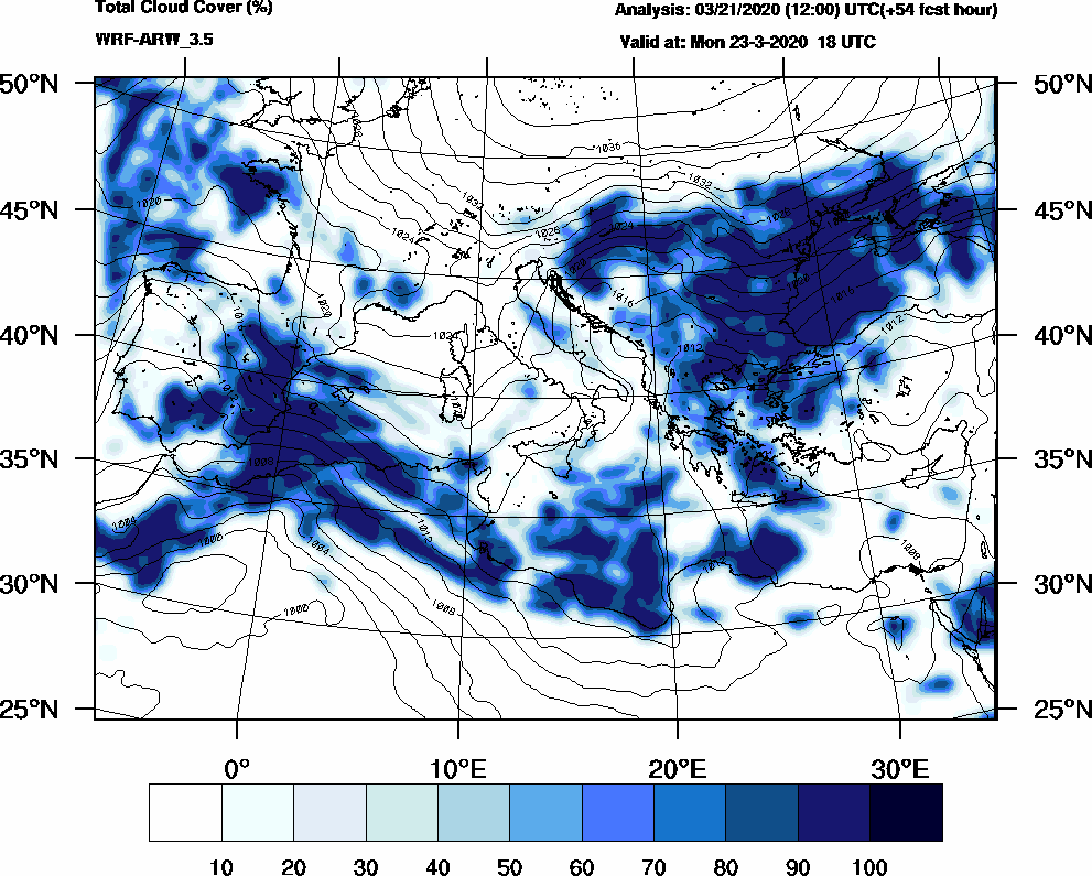 Total cloud cover (%) - 2020-03-23 12:00