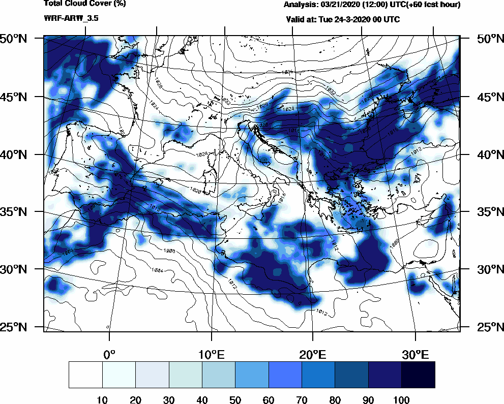 Total cloud cover (%) - 2020-03-23 18:00