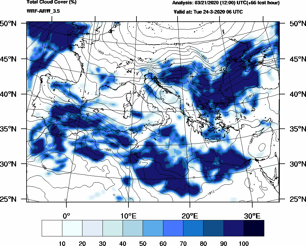 Total cloud cover (%) - 2020-03-24 00:00