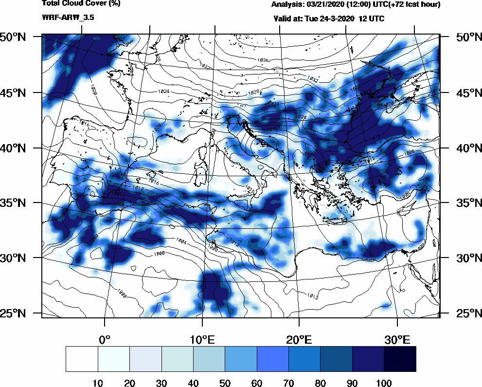 Total cloud cover (%) - 2020-03-24 06:00