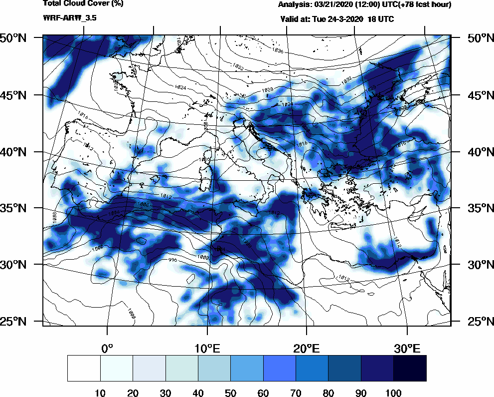 Total cloud cover (%) - 2020-03-24 12:00