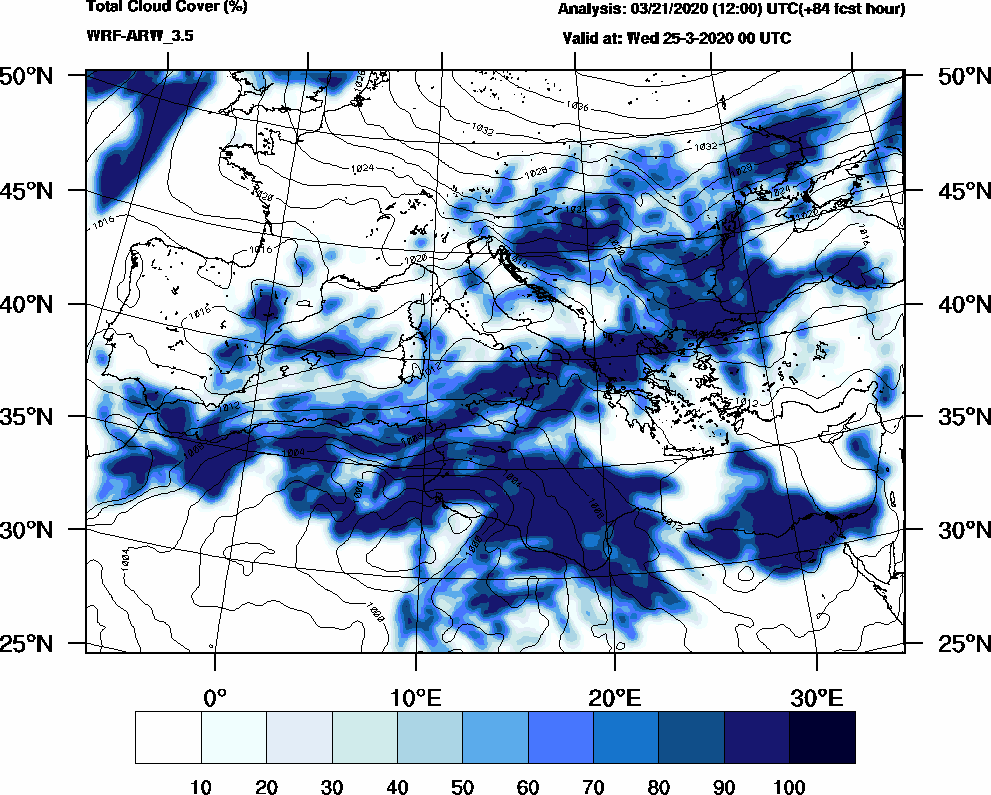 Total cloud cover (%) - 2020-03-24 18:00