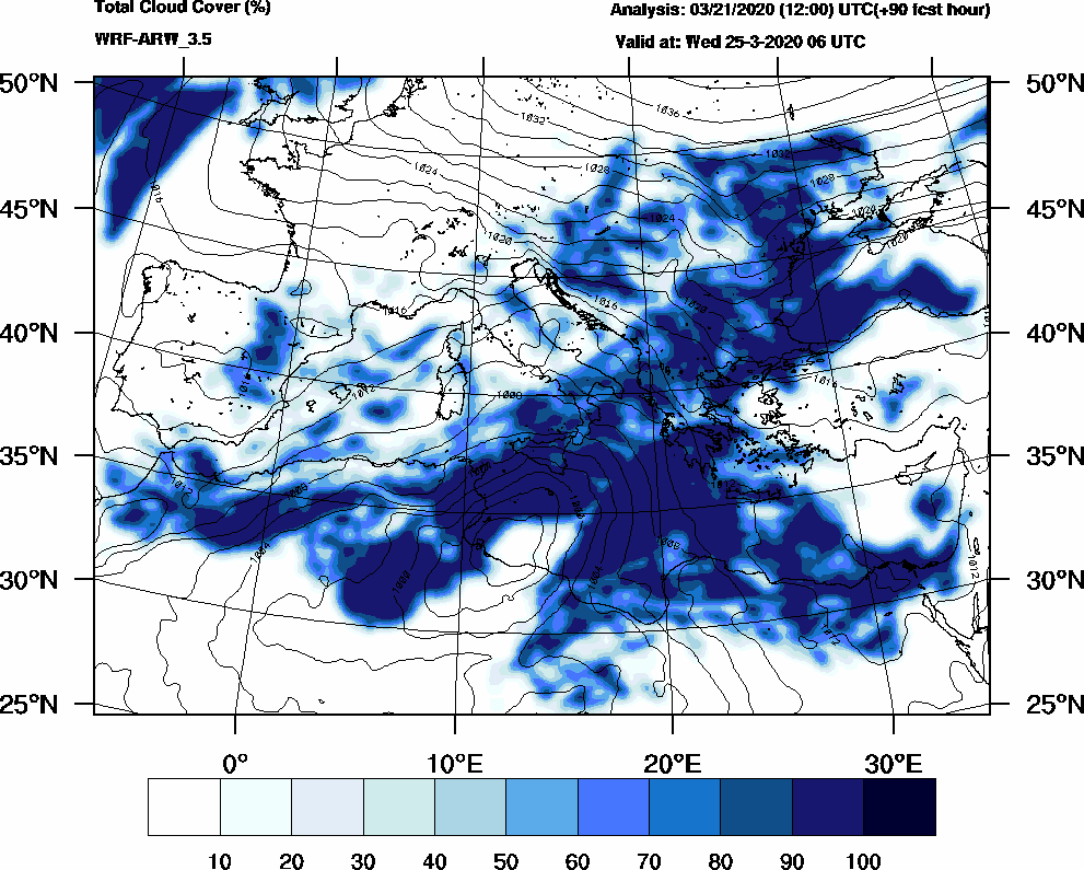 Total cloud cover (%) - 2020-03-25 00:00