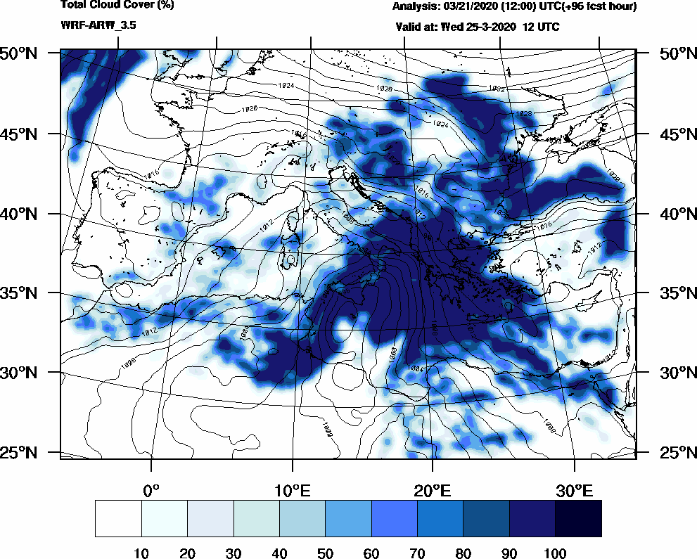 Total cloud cover (%) - 2020-03-25 06:00