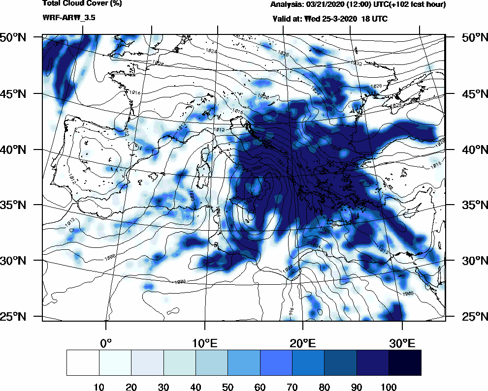 Total cloud cover (%) - 2020-03-25 12:00