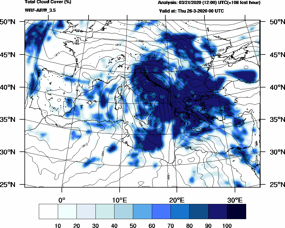 Total cloud cover (%) - 2020-03-25 18:00