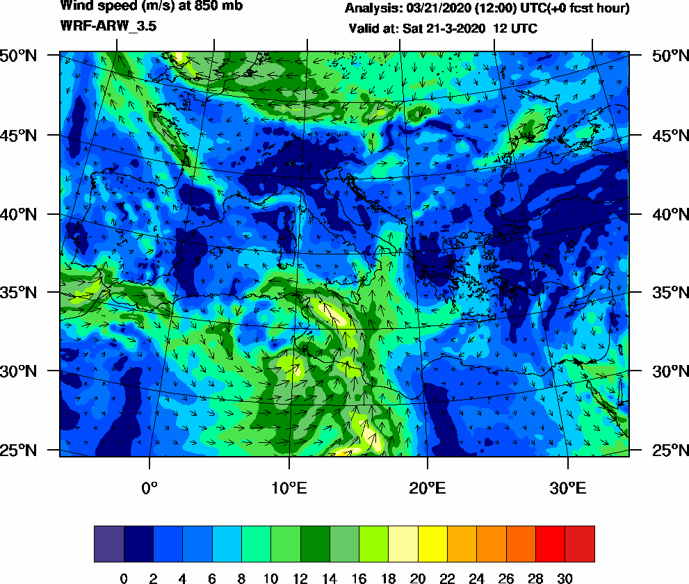 Wind speed (m/s) at 850 mb - 2020-03-21 12:00