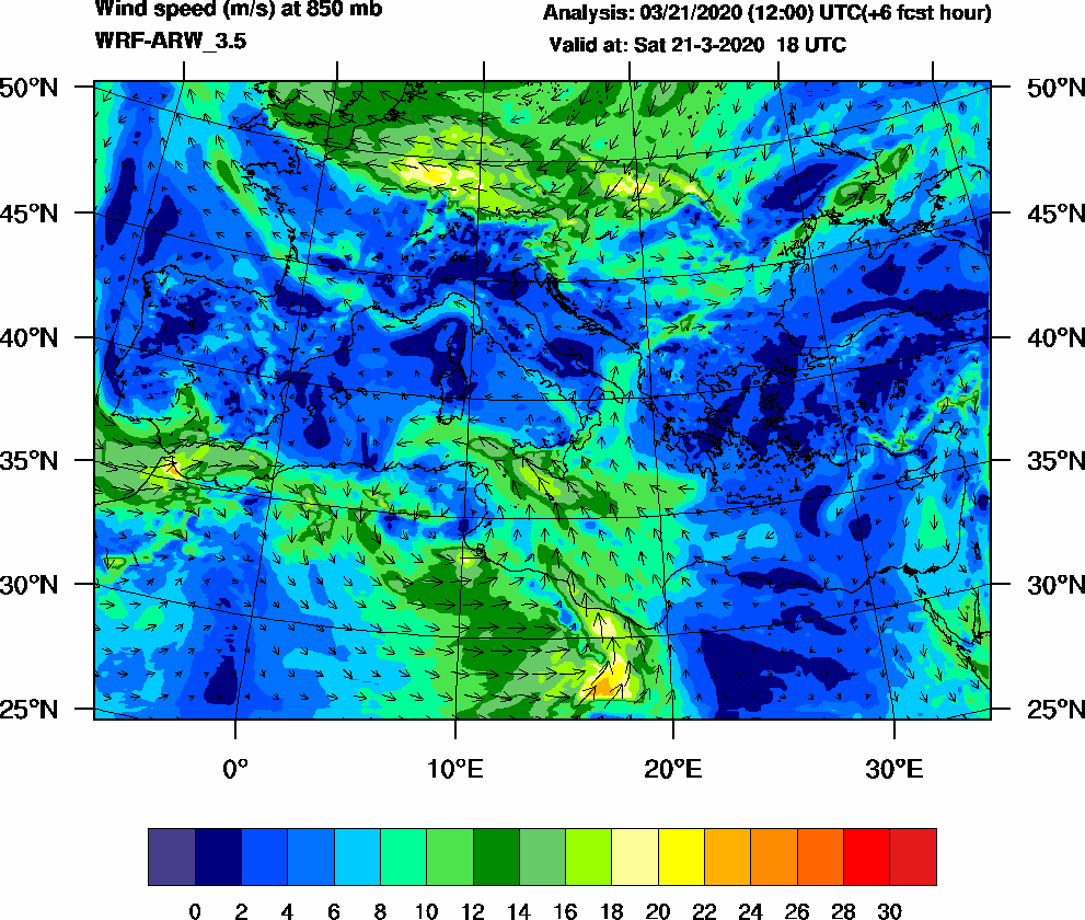 Wind speed (m/s) at 850 mb - 2020-03-21 18:00