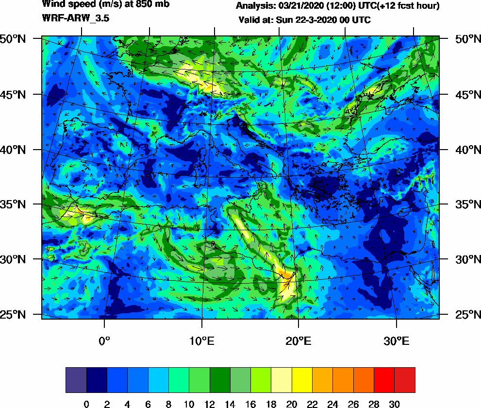 Wind speed (m/s) at 850 mb - 2020-03-22 00:00