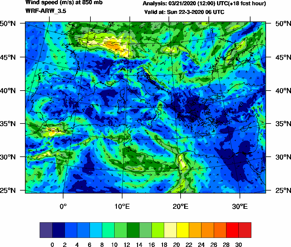 Wind speed (m/s) at 850 mb - 2020-03-22 06:00