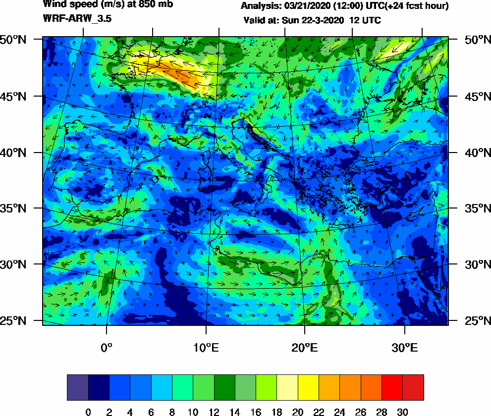 Wind speed (m/s) at 850 mb - 2020-03-22 12:00