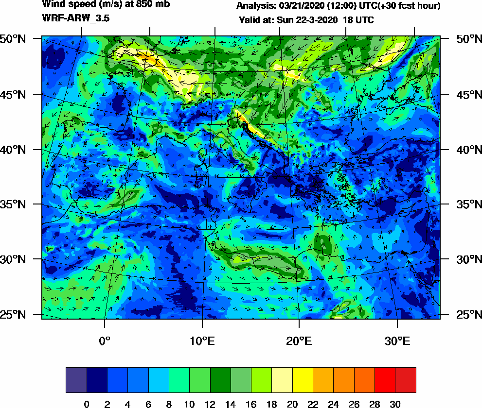 Wind speed (m/s) at 850 mb - 2020-03-22 18:00