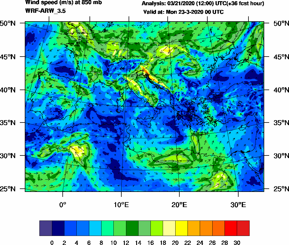 Wind speed (m/s) at 850 mb - 2020-03-23 00:00