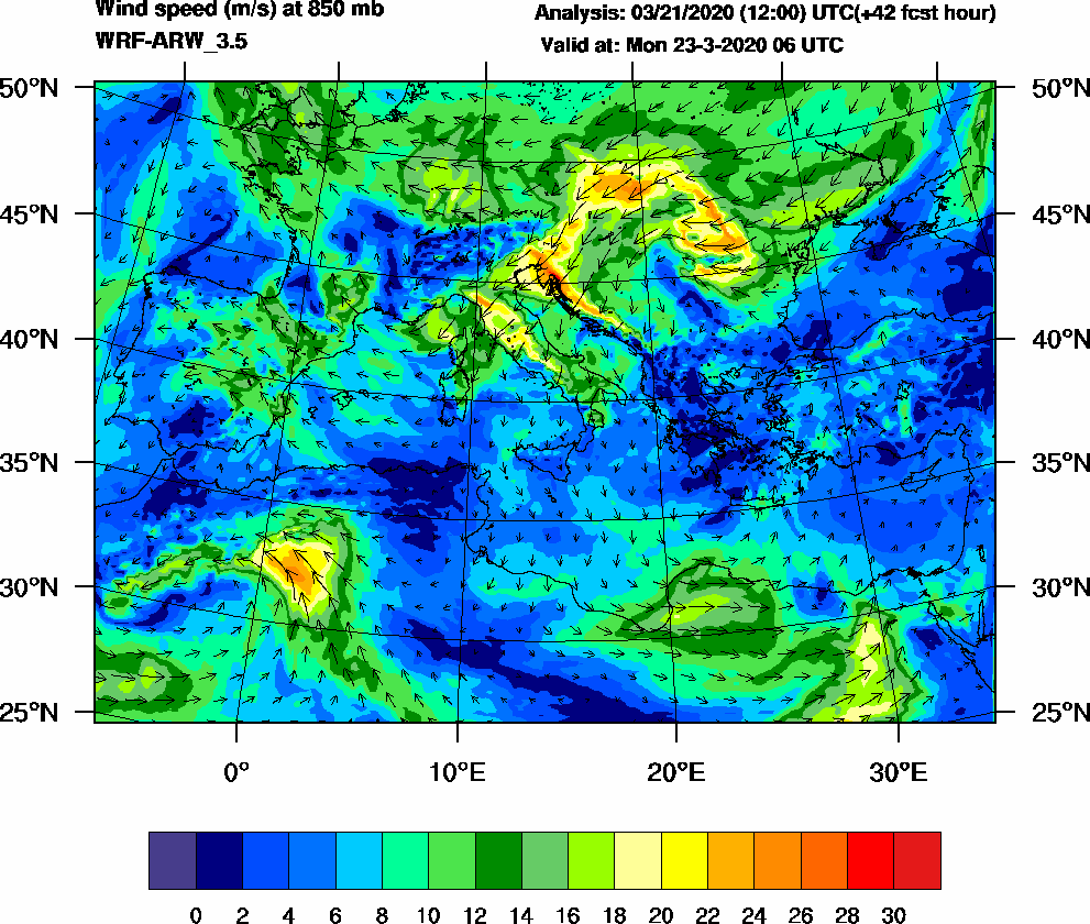 Wind speed (m/s) at 850 mb - 2020-03-23 06:00