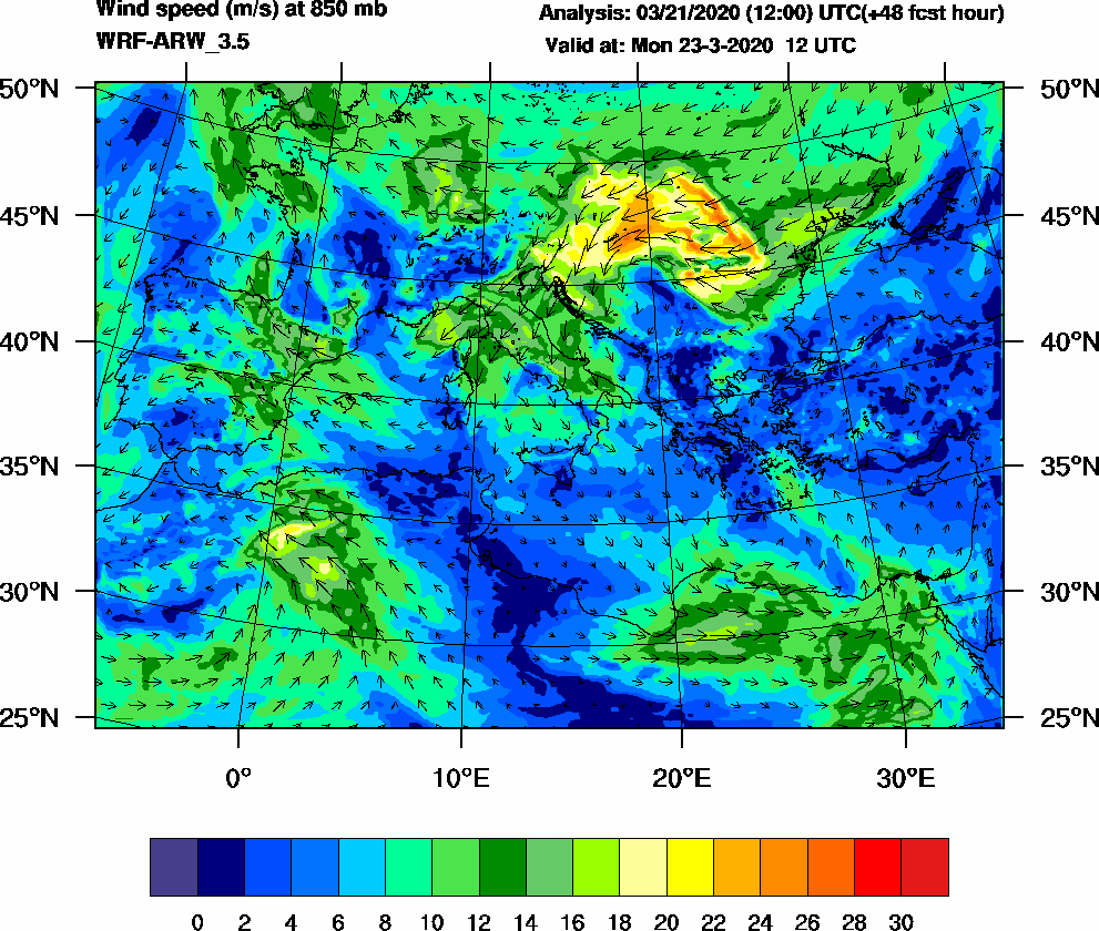 Wind speed (m/s) at 850 mb - 2020-03-23 12:00