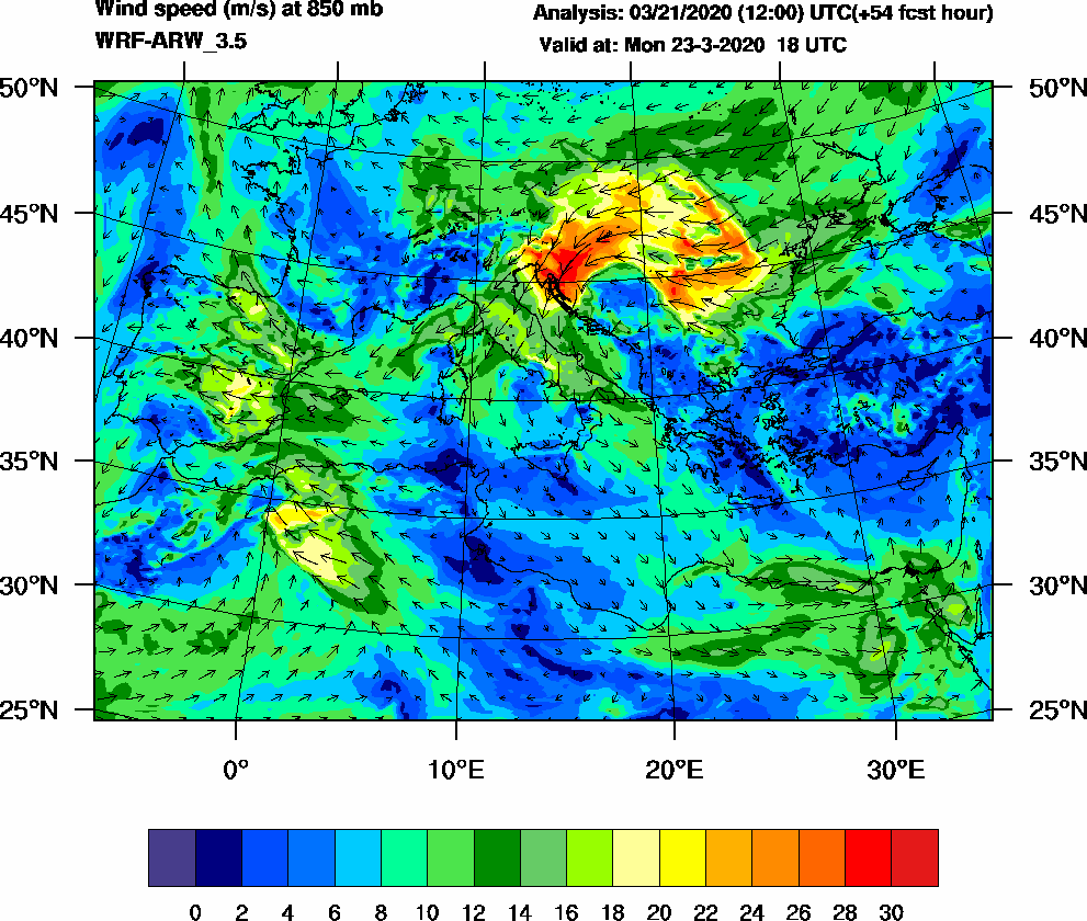 Wind speed (m/s) at 850 mb - 2020-03-23 18:00