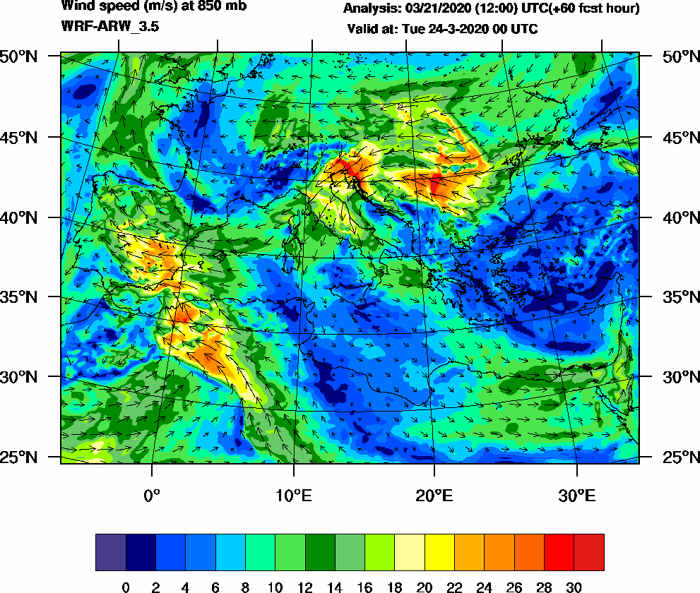 Wind speed (m/s) at 850 mb - 2020-03-24 00:00