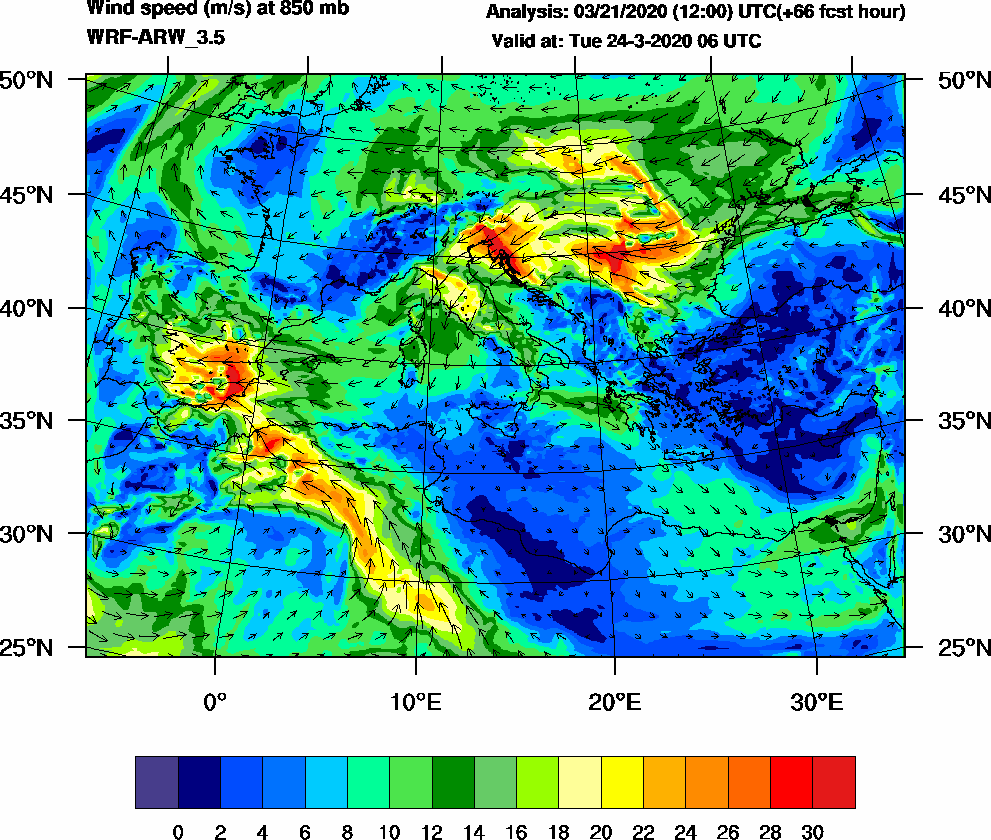 Wind speed (m/s) at 850 mb - 2020-03-24 06:00