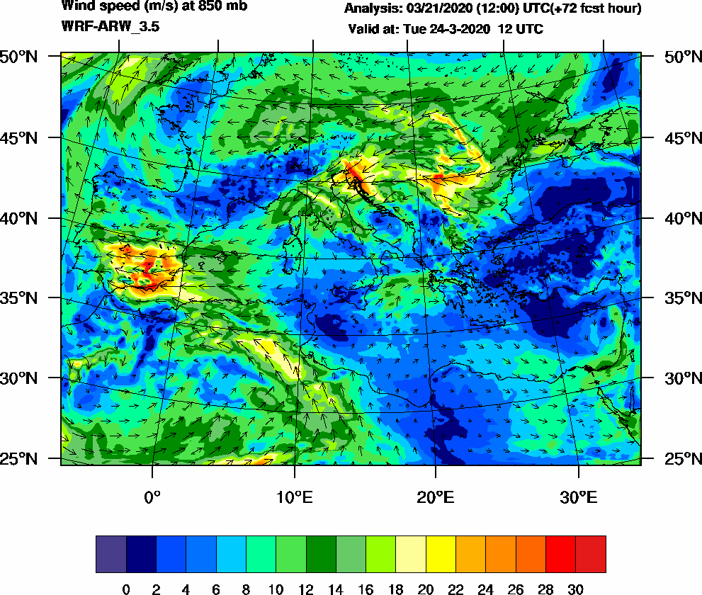 Wind speed (m/s) at 850 mb - 2020-03-24 12:00