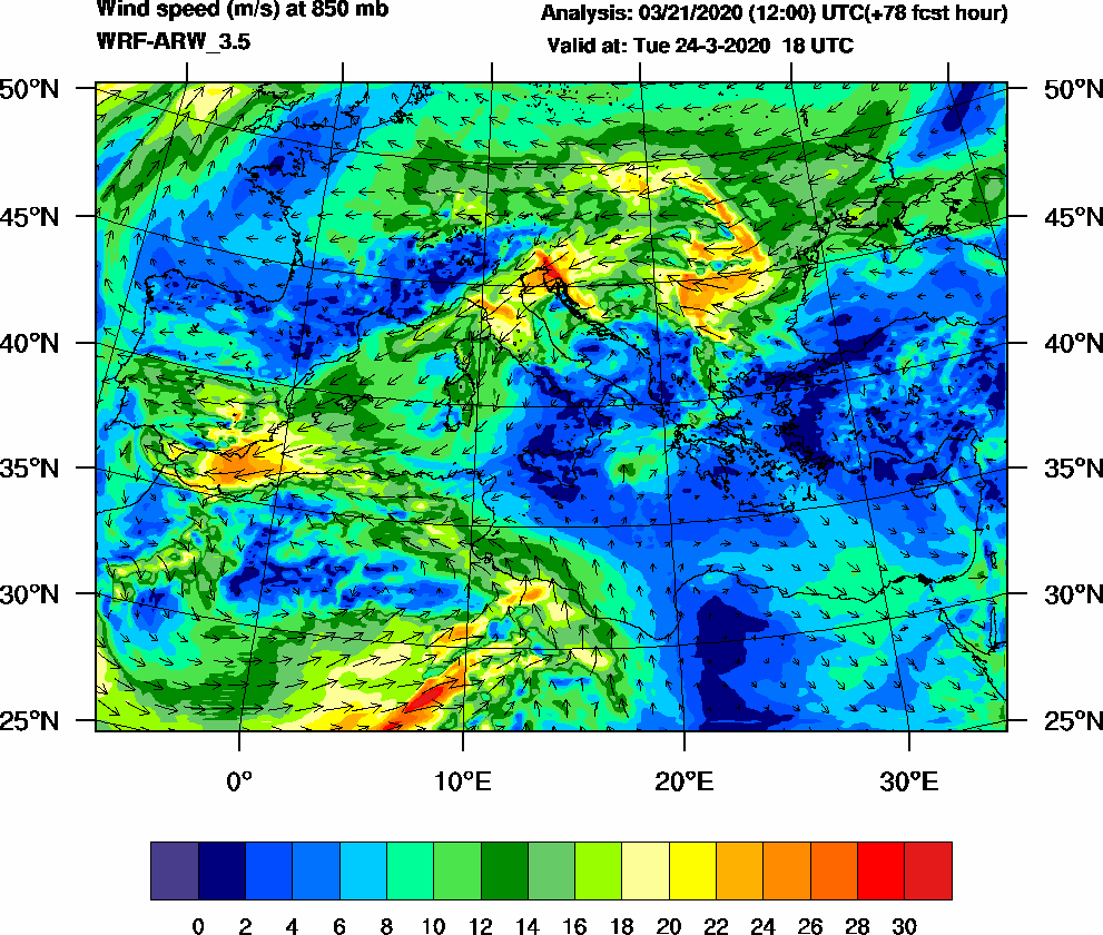 Wind speed (m/s) at 850 mb - 2020-03-24 18:00