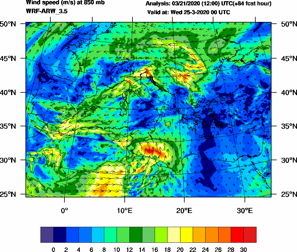 Wind speed (m/s) at 850 mb - 2020-03-25 00:00