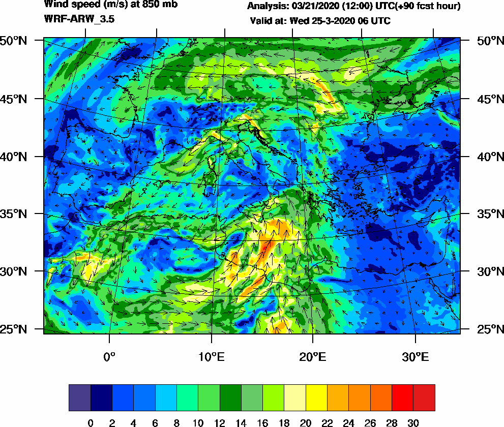 Wind speed (m/s) at 850 mb - 2020-03-25 06:00