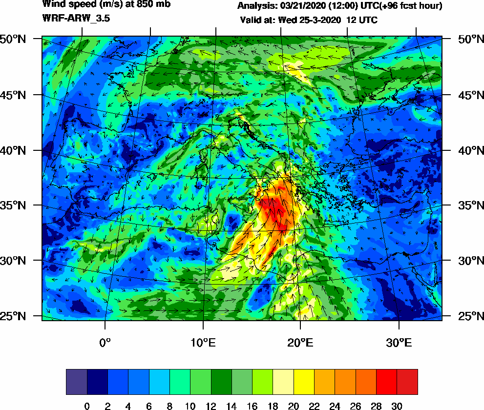Wind speed (m/s) at 850 mb - 2020-03-25 12:00