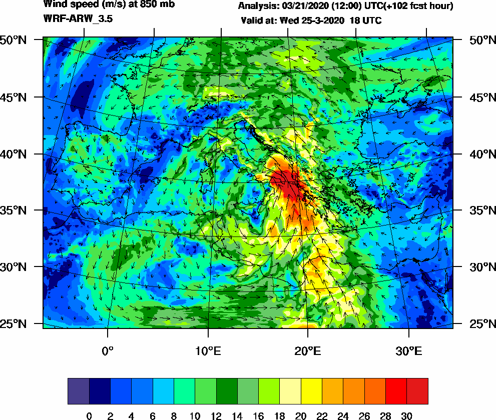 Wind speed (m/s) at 850 mb - 2020-03-25 18:00