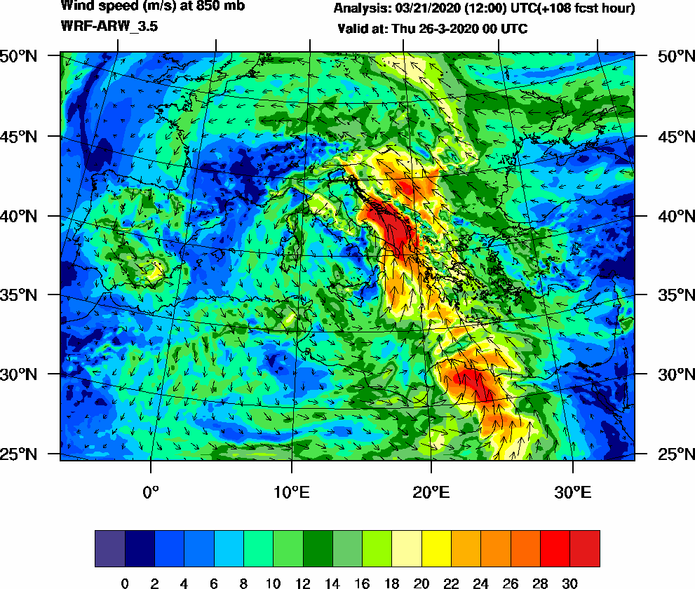 Wind speed (m/s) at 850 mb - 2020-03-26 00:00