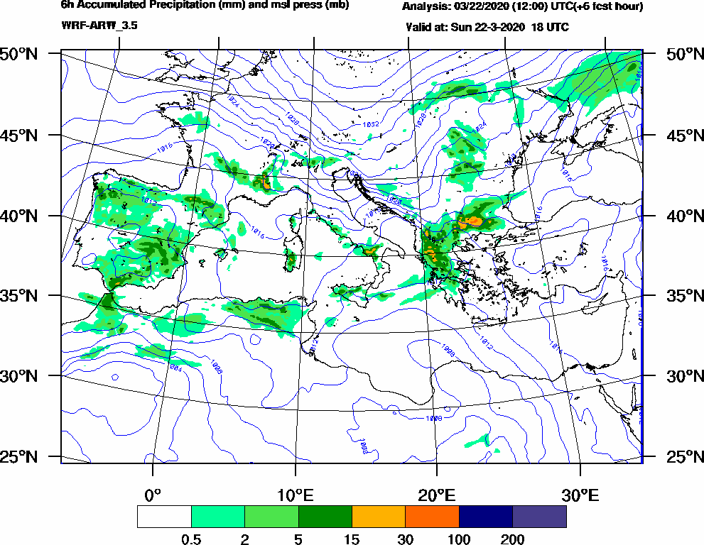 6h Accumulated Precipitation (mm) and msl press (mb) - 2020-03-22 12:00