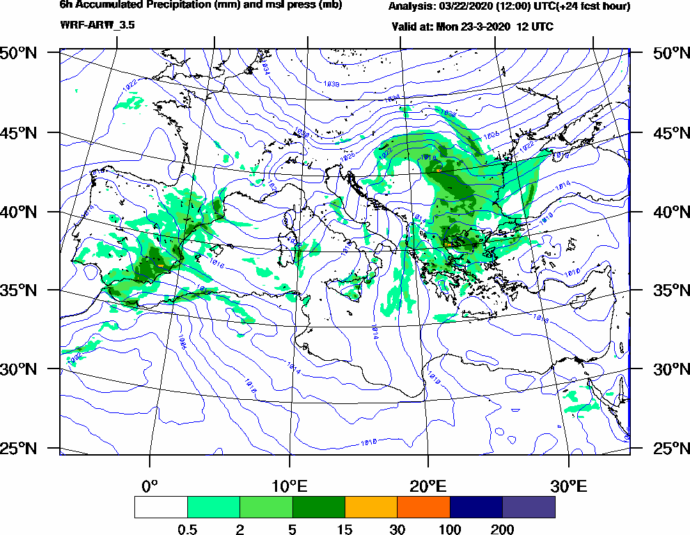 6h Accumulated Precipitation (mm) and msl press (mb) - 2020-03-23 06:00