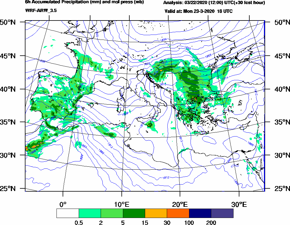 6h Accumulated Precipitation (mm) and msl press (mb) - 2020-03-23 12:00