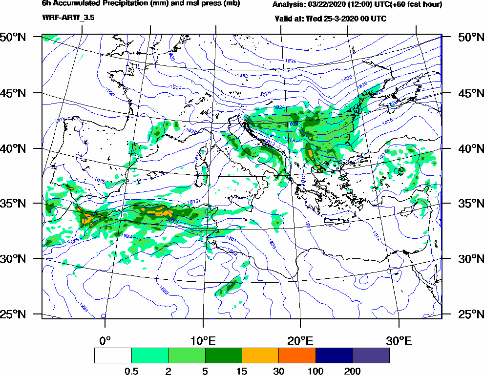 6h Accumulated Precipitation (mm) and msl press (mb) - 2020-03-24 18:00