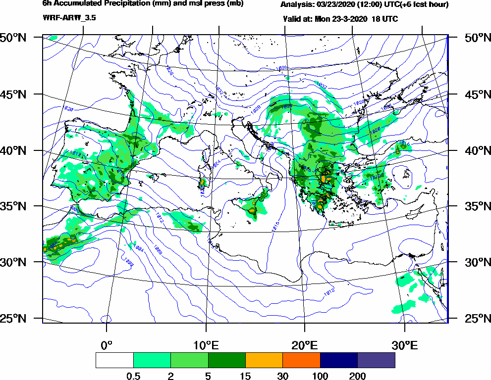 6h Accumulated Precipitation (mm) and msl press (mb) - 2020-03-23 12:00
