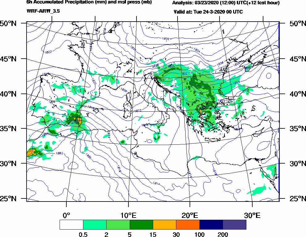 6h Accumulated Precipitation (mm) and msl press (mb) - 2020-03-23 18:00