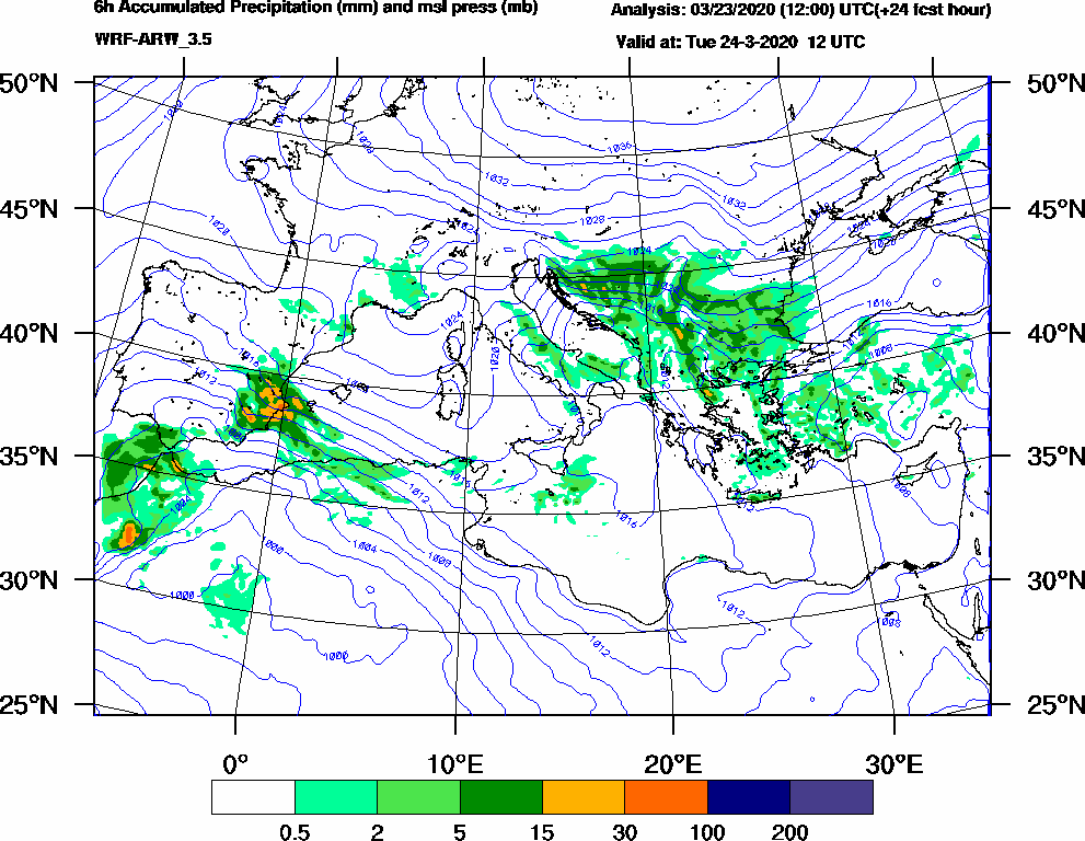 6h Accumulated Precipitation (mm) and msl press (mb) - 2020-03-24 06:00